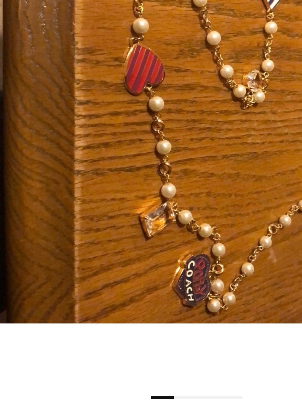 Coach Gold Pearl Necklace with Pink and Red Heart & Multicolor Logo Charms